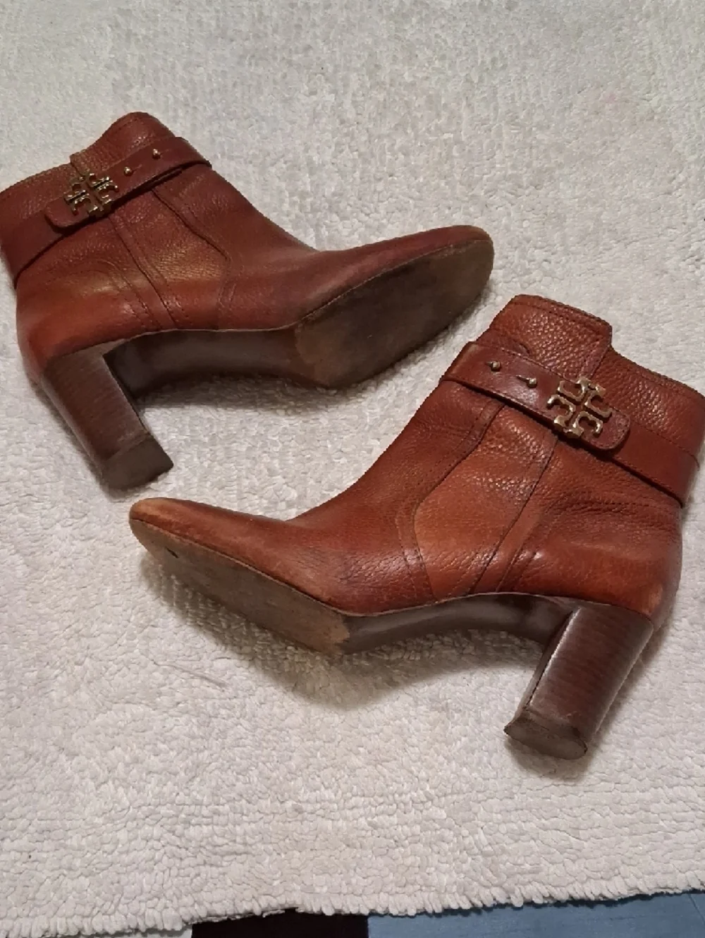 Tory Burch Cognac Leather Ankle Booties with Logo Accent